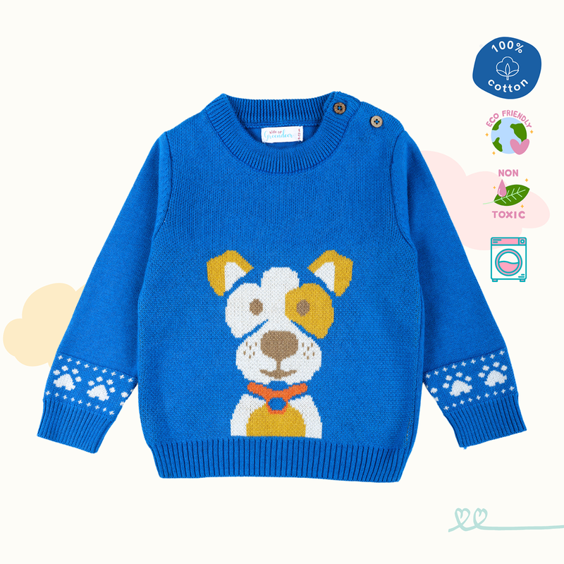 Cotton Sweater For Kids | Cheerful Dog Printed | Greek Blue、mySite、camillekostekn