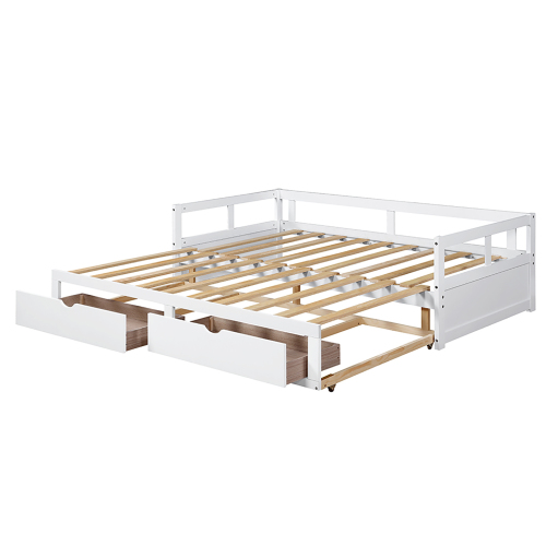 Wooden Daybed with Trundle Bed and Two Storage Drawers , Extendable Bed Daybed,Sofa Bed for Bedroom Living Room,White、、casual