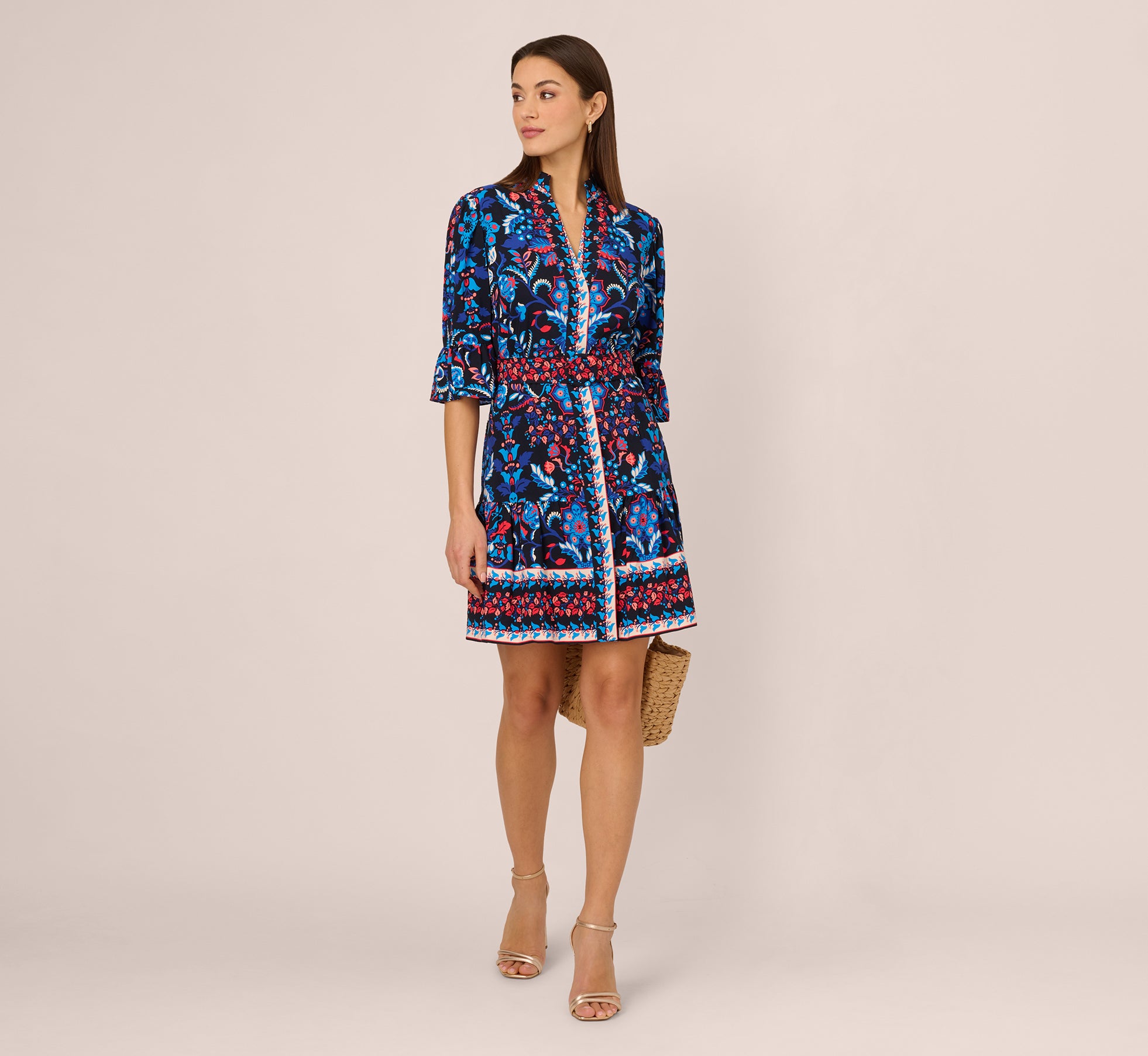 Abstract Print Button Down Dress With Three Quarter Bell Sleeves In Navy Multi、mySite、solidvoid