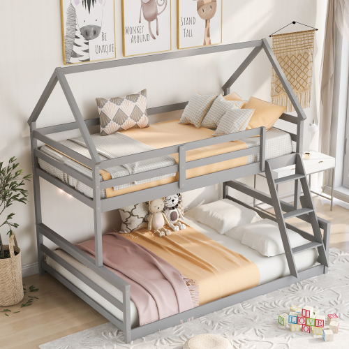 Twin Size Bunk House Bed with Slide and Ladder,White、、casual