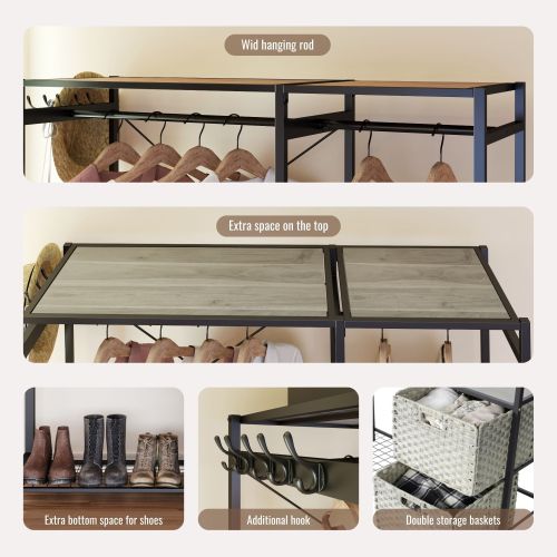 Acacia Wood Garment Racks with Shelves 2 Wicker Drawers and 4 Hooks Heavy Duty Closet Organizer for Hanging Clothes, Freestanding Closet Wardrobe Rack, Light Gray、、eastwooduniform