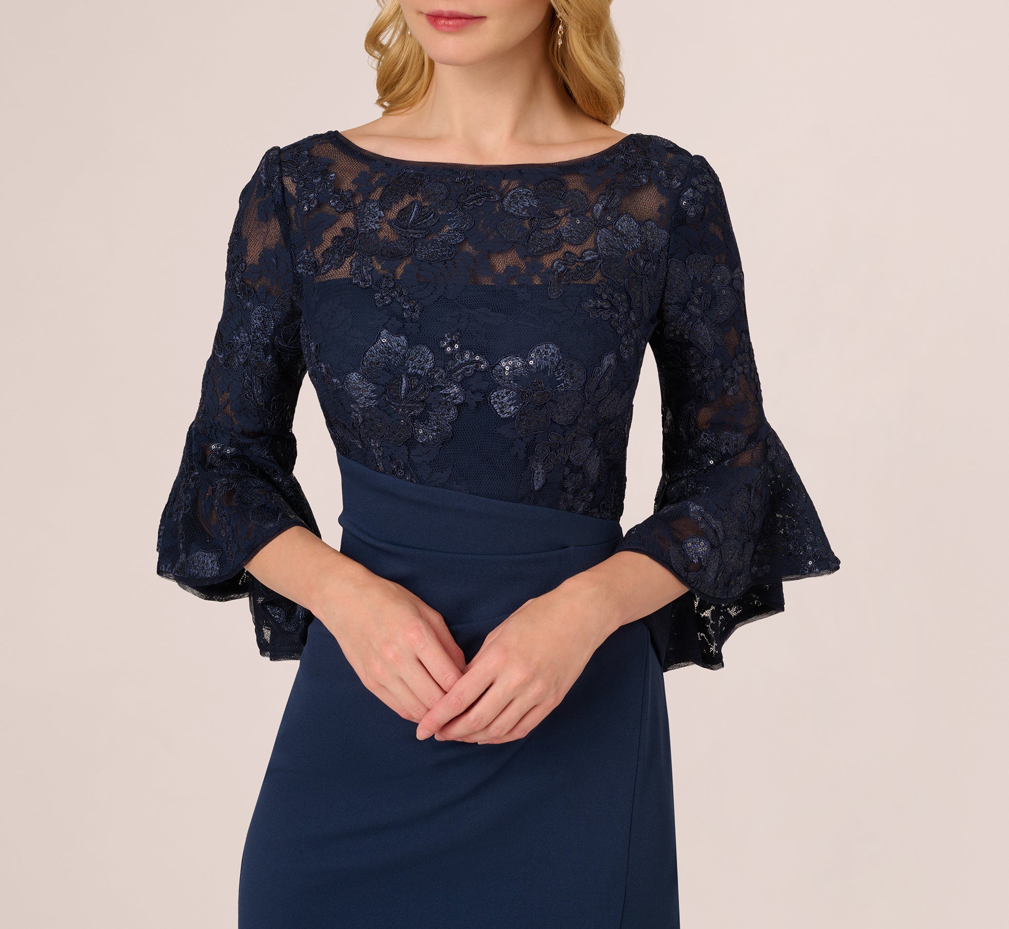 Sequin Floral Lace Dress With Sheer Bell Sleeves In Navy、mySite、solidvoid