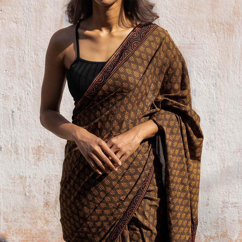 Handblock Floral Printed Chanderi Brown Saree、mySite、camillekostekn