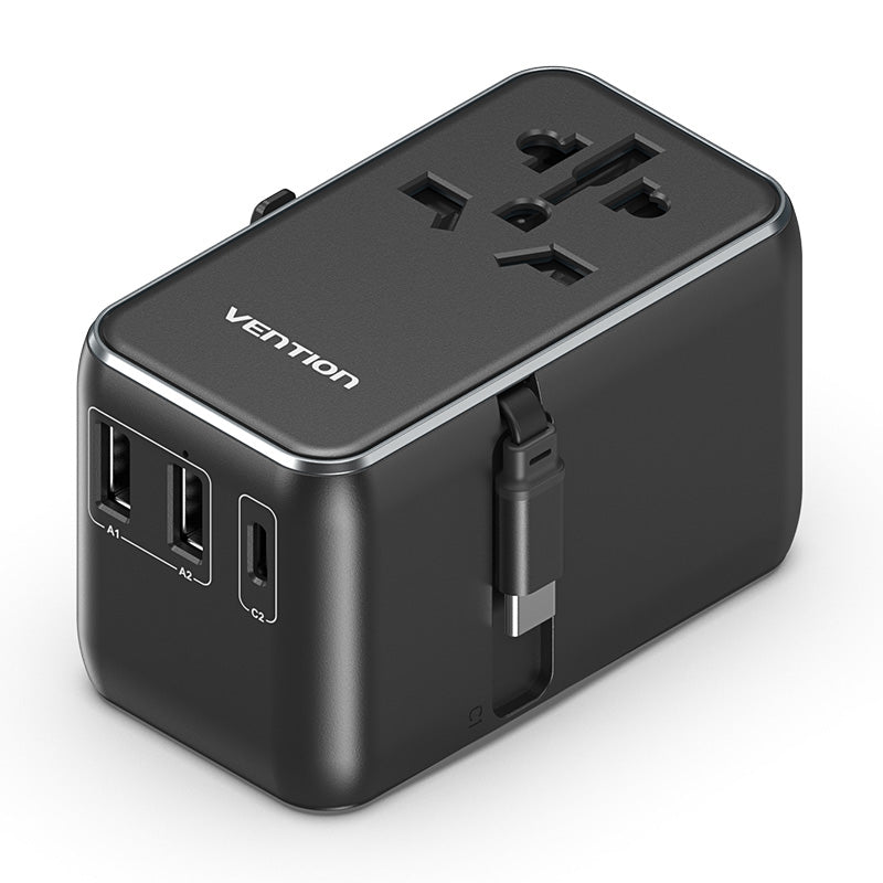 Vention 3-Port USB (C + A + A) GaN Universal Travel Adapter (65W/60W/5W) with Built-in USB-C Cable Black、mySite、fannypackpong