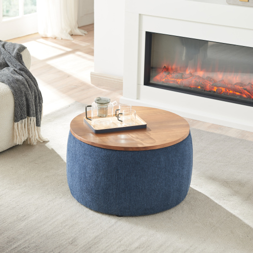Round Storage Ottoman, 2 in 1 Function, Work as End table and Ottoman, Navy (25.5"x25.5"x14.5")、、casual