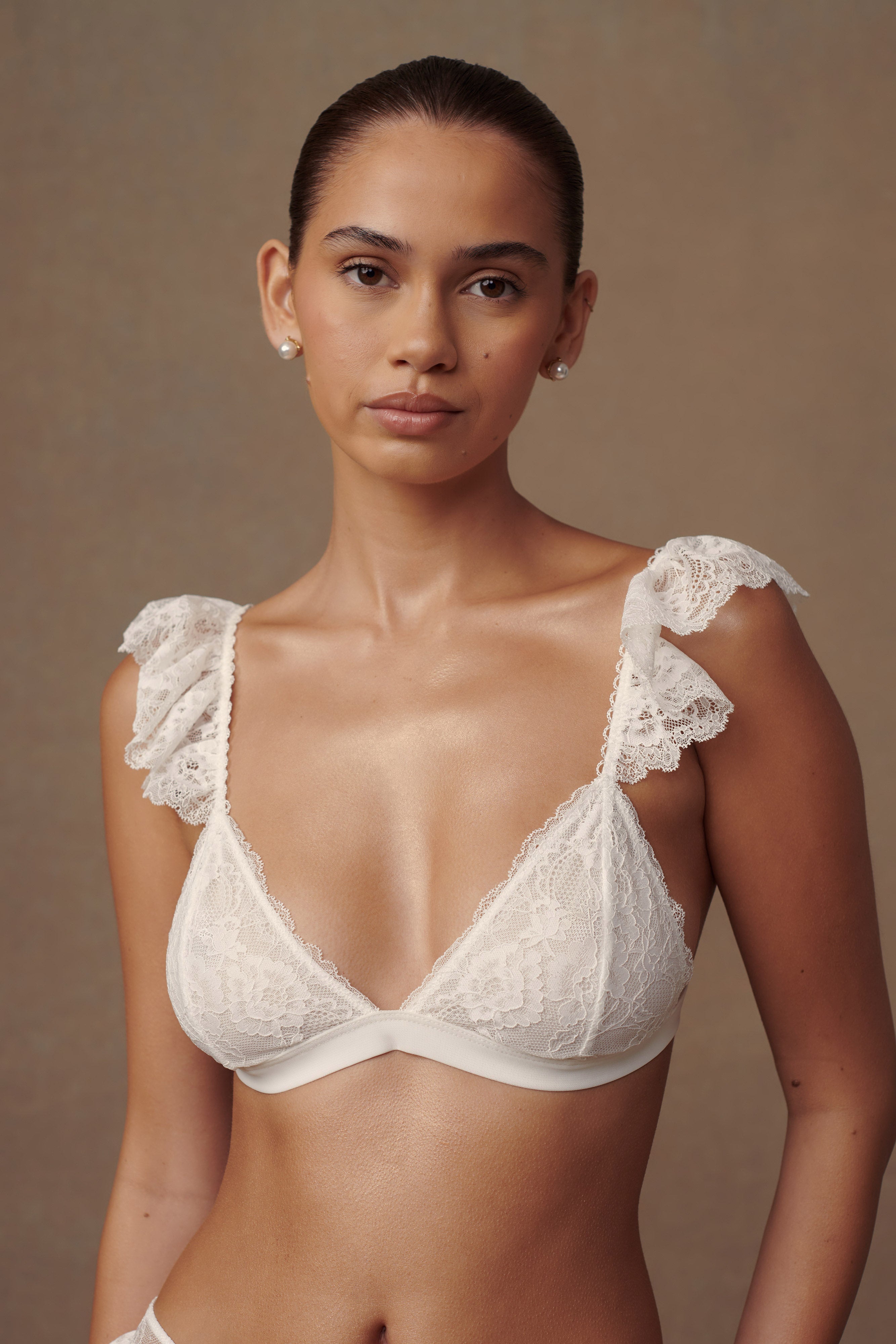 Anniston Lace Frill Triangle Bralette - White、mySite、solidvoid