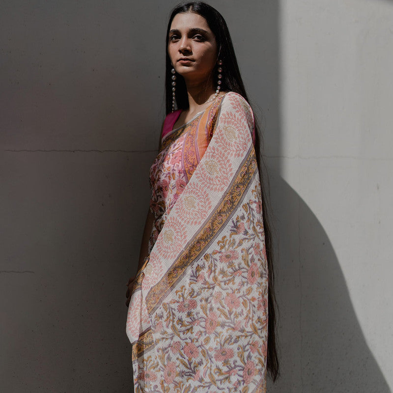 Festive Wear | Kota Doria Sanganeri Print Saree | Beige & Pink、mySite、camillekostekn