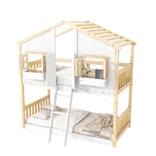Twin over Twin House Bunk Bed with Roof , Window, Window Box, Door , with Safety Guardrails and Ladder,White、、casual