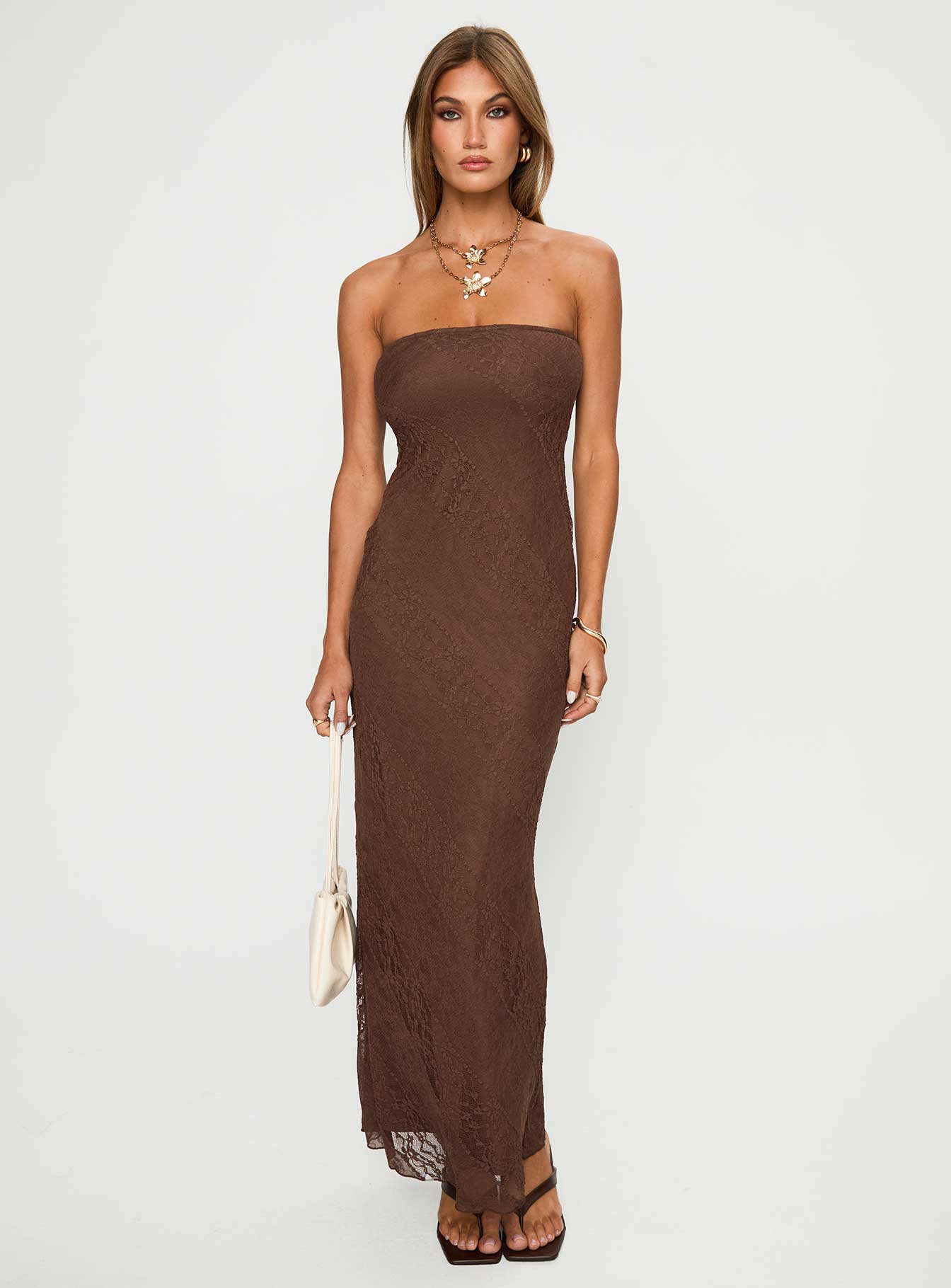 Majorca Strapless Lace Maxi Dress Chocolate、mySite、solidvoid