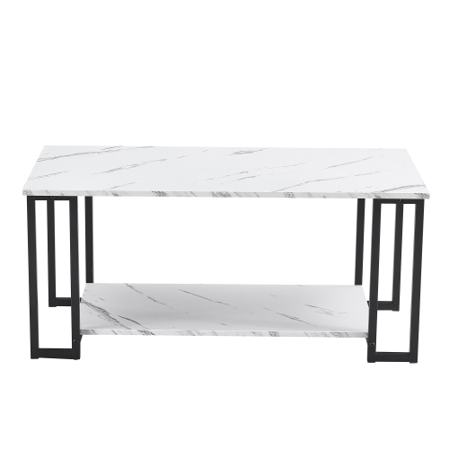 D&N Coffee Table, 2 Layers 1.5cm Thick Marble MDF Rectangle 39.37" L Tabletop Iron Coffee Table , Dining Room, Coffee Shop, Resterant, White Top, Black Leg、、casual