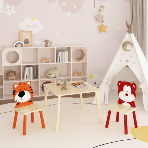 Kids Table and 2 Chairs Set, 3 Pieces Toddler Table and Chair Set, Wooden Activity Play Table Set (Lion&Monkey)、、casual