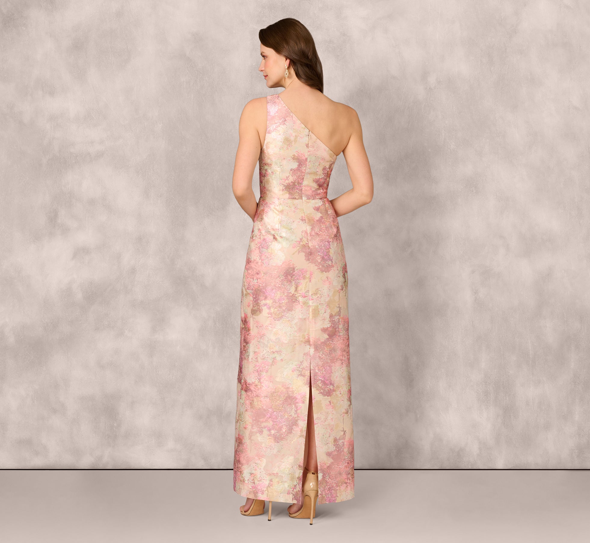 One Shoulder Pleated Jacquard Column Gown In Pink Multi、mySite、solidvoid