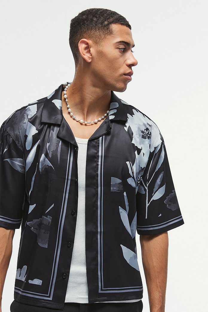  Boohooman Boxy Printed Satin Revere Short Sleeve Shirt Black、mySite、justintrudeaud