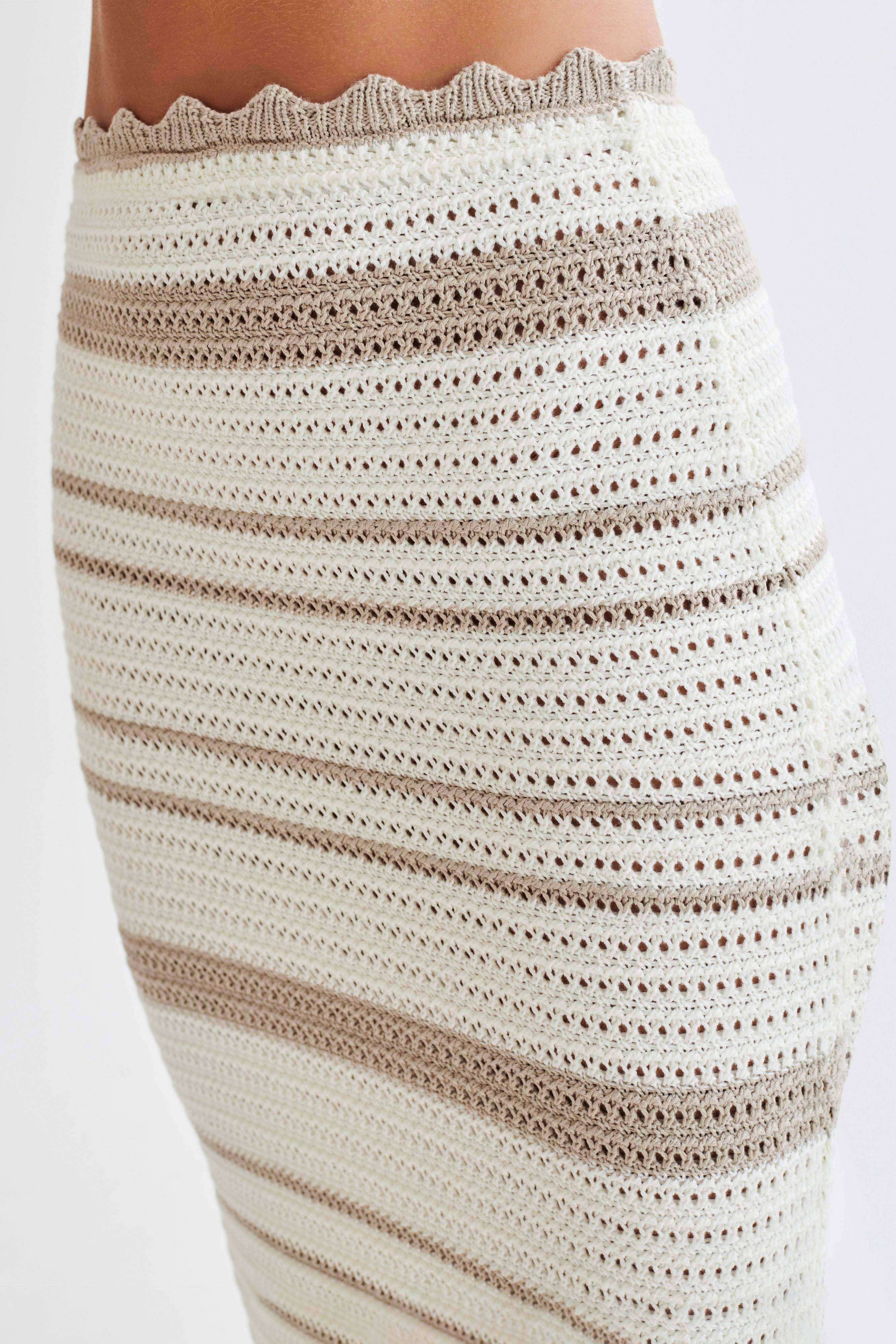 Jadia Contrast Crochet Fishtail Maxi Skirt - Taupe/White、mySite、solidvoid
