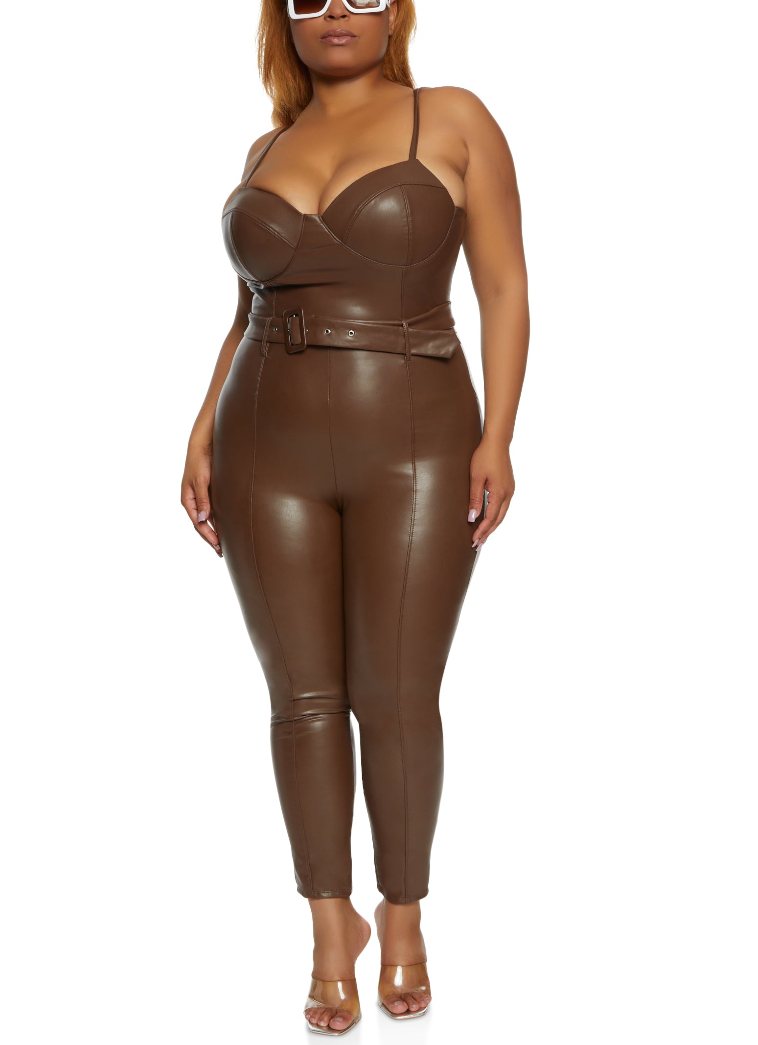 Plus Size Faux Leather Belted Bustier Jumpsuit、mySite、camillekostekn