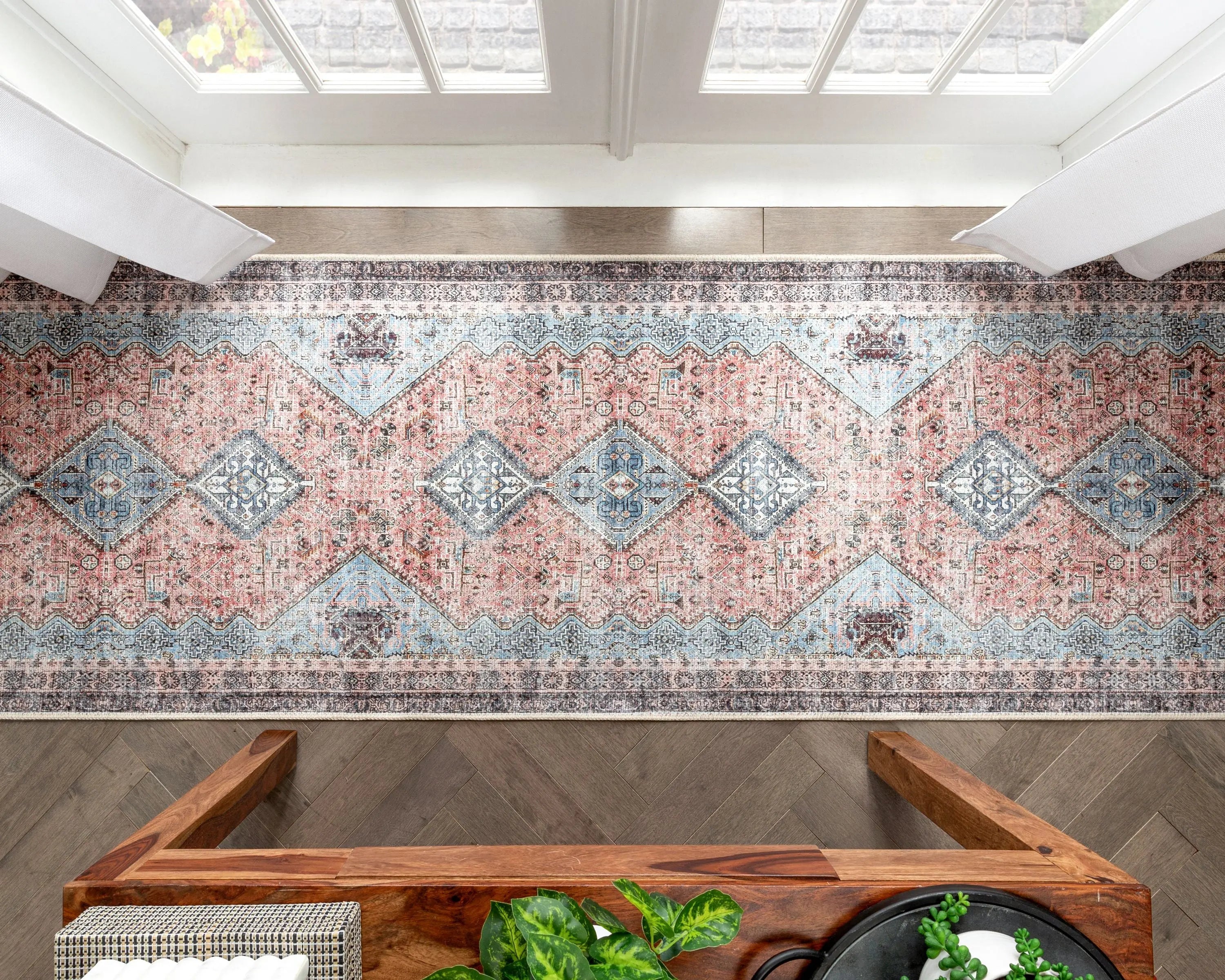 Menda Machine Washable Vintage Bohemian Meallion Oriental Light Blue Flat-Weave Distressed Rug、mySite、gigharbornorthrealestate