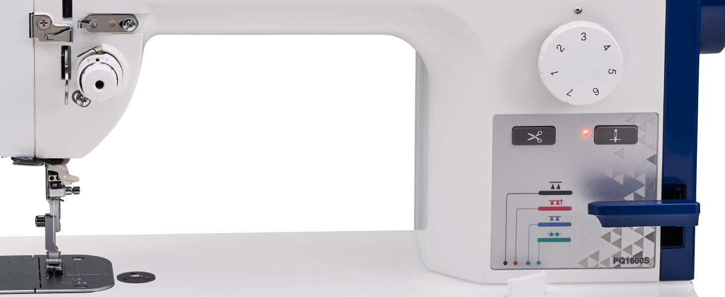 Brother PQ1600S Controls: thread cutter, needle stop position, feed dog adjustment, pin feed