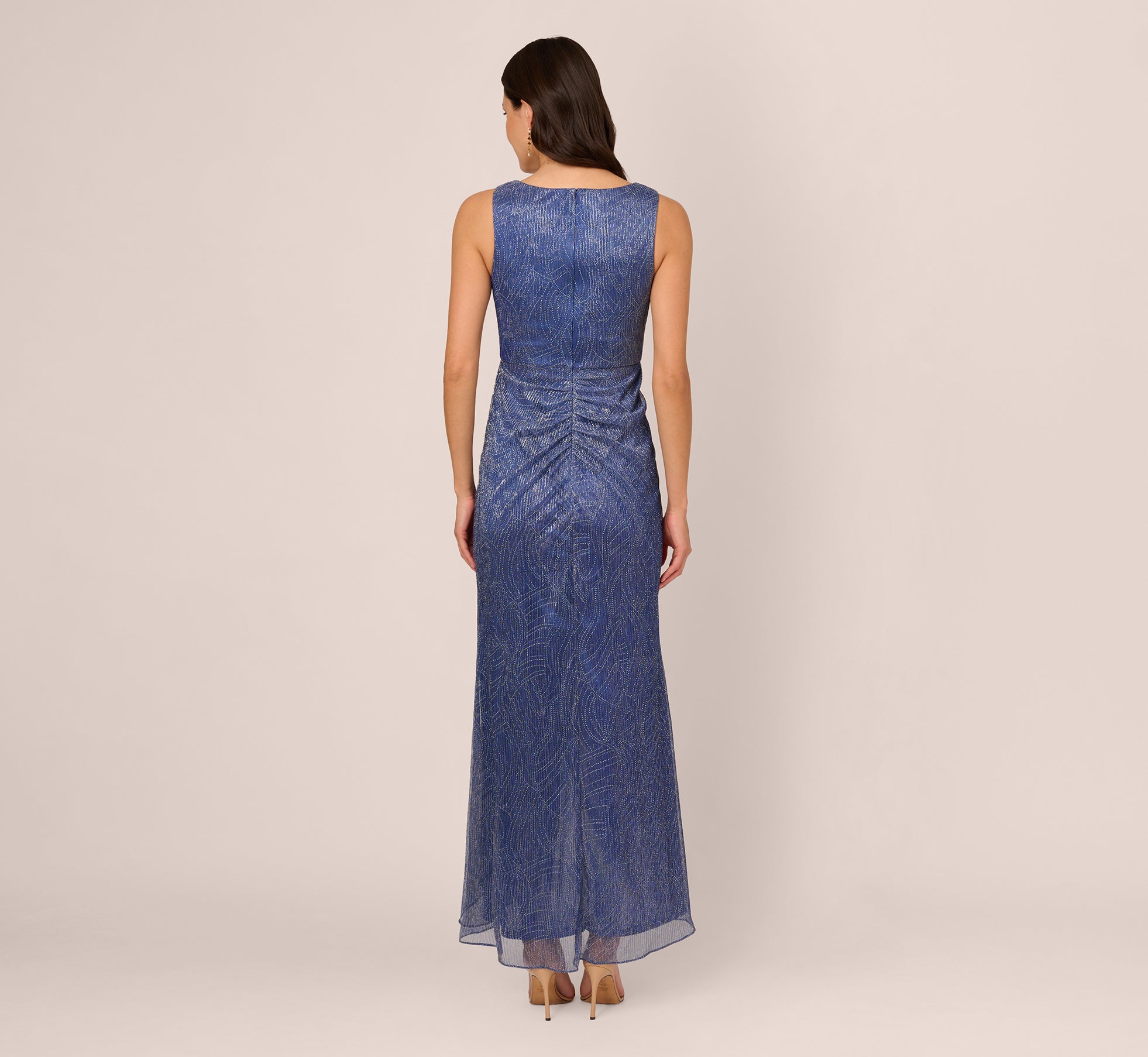 Metallic Mesh Faux Wrap Gown With Ruffle Accents In Light Navy、mySite、solidvoid