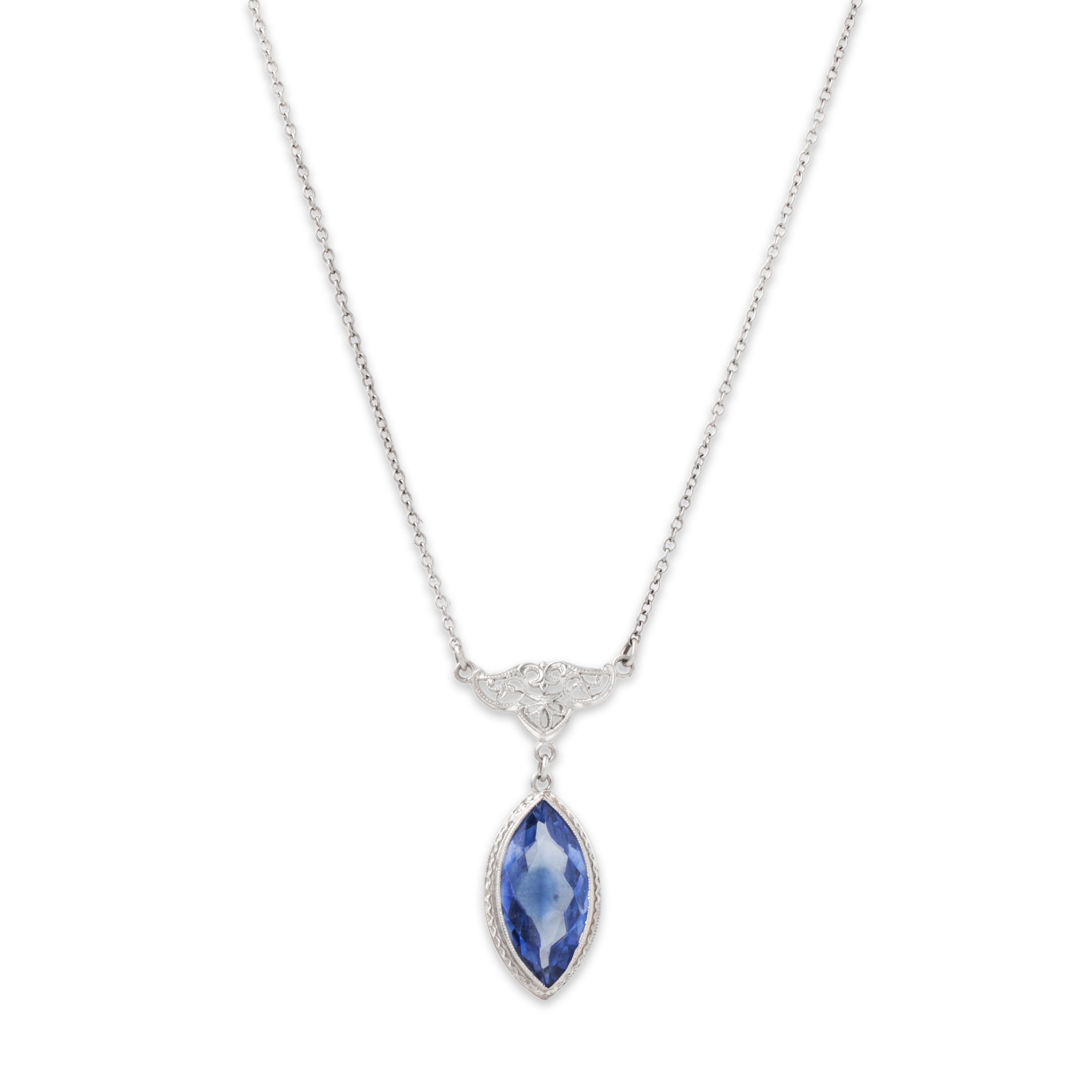 Antique Art Deco 10k White Gold Blue Synthetic Sapphire Lavalier Necklace 17、mySite、hinf8tx79