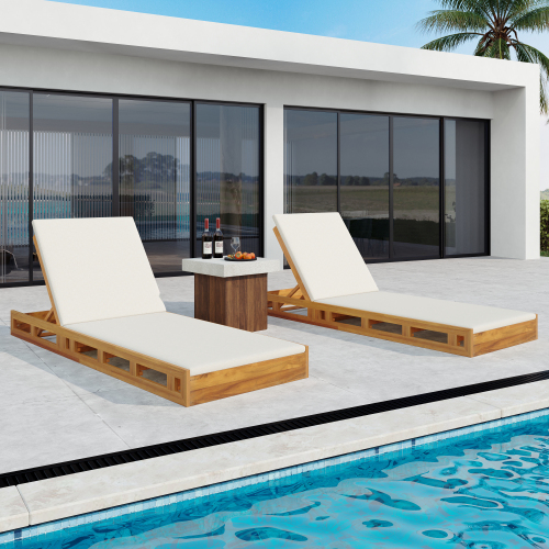 LOUNGE CHAISE SET, ACACIA WOOD WITH WATER-RESISTANT LOUNGE CUSHIONS (CREAM & 4 INCH THICK) - MATCHING DARK GREY VERSION AVAILABLE、、eastwooduniform