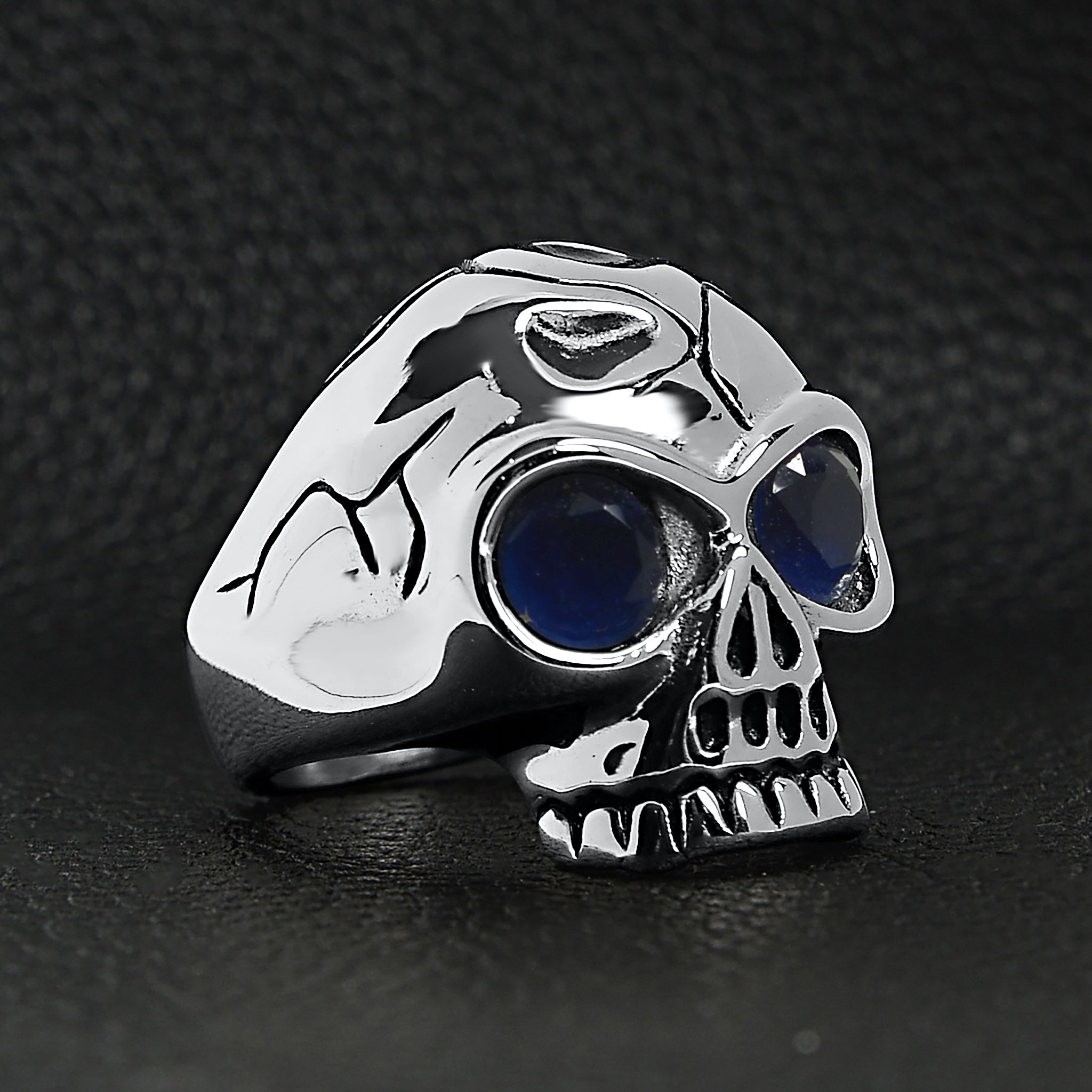 Stainless Steel Blue CZ Eyed Cracked Skull Ring / SCR4111、mySite、dreamappss