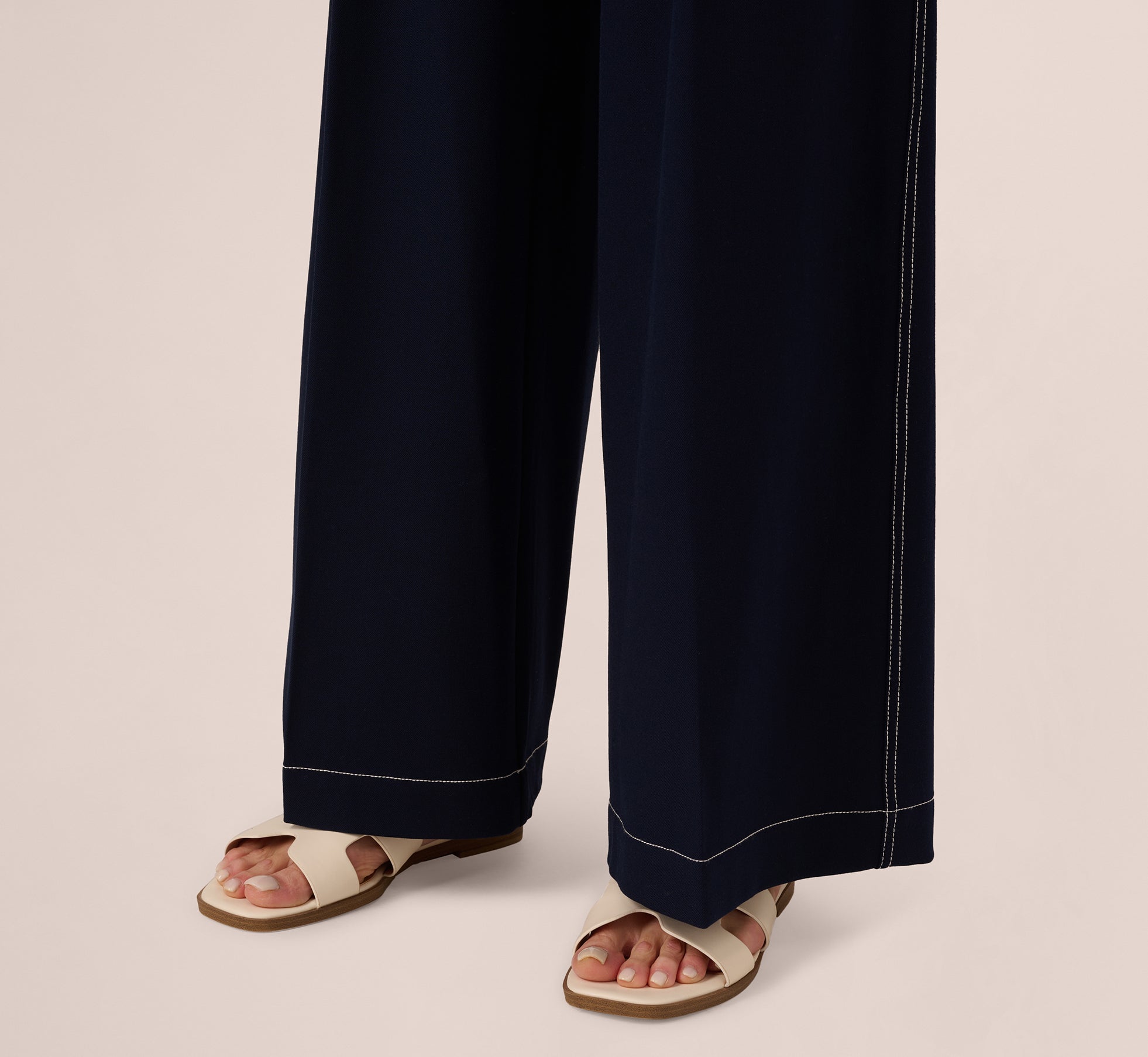 Topstitch Wide Leg Paperbag Pant With Belt In Navy Ivory、mySite、solidvoid