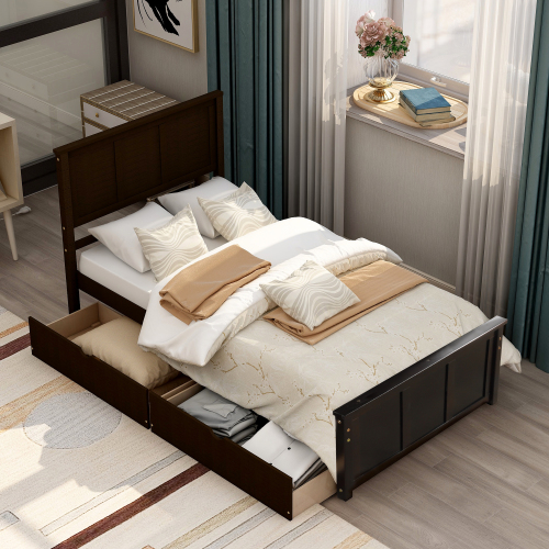 Platform Bed with Twin Size Trundle, Twin Size Frame, Espresso、、casual