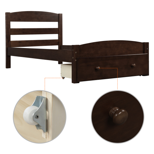 Platform Twin Bed Frame with Storage Drawer and Wood Slat Support No Box Spring Needed, Espresso、、casual