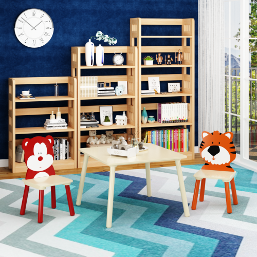 Kids Table and 2 Chairs Set, 3 Pieces Toddler Table and Chair Set, Wooden Activity Play Table Set (Lion&Monkey)、、casual