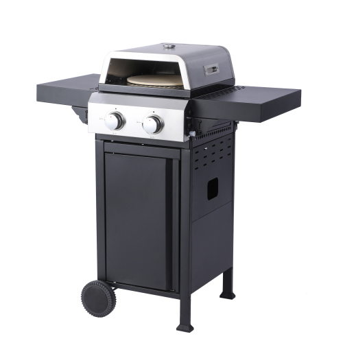 2-Burner Propane Gas BBQ Grill, Pizza Box, 24600BTU Output With Wire Enamel Cooking Grids For Outdoor Barbecue, Foldable Side Table, Hanging Basket, Stainless Steel、、eastwooduniform