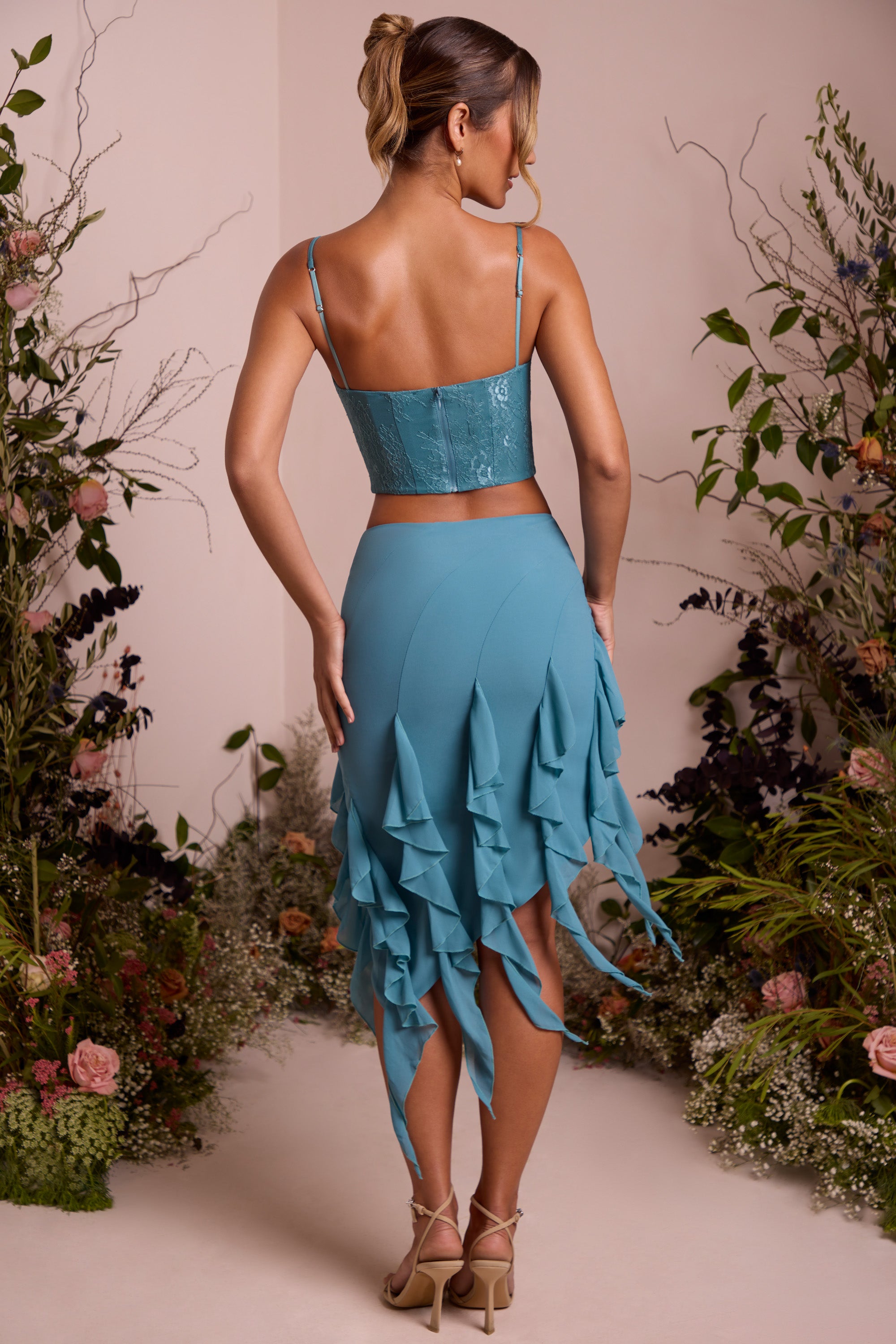Waterfall Frill Midaxi Skirt in Teal、mySite、solidvoid