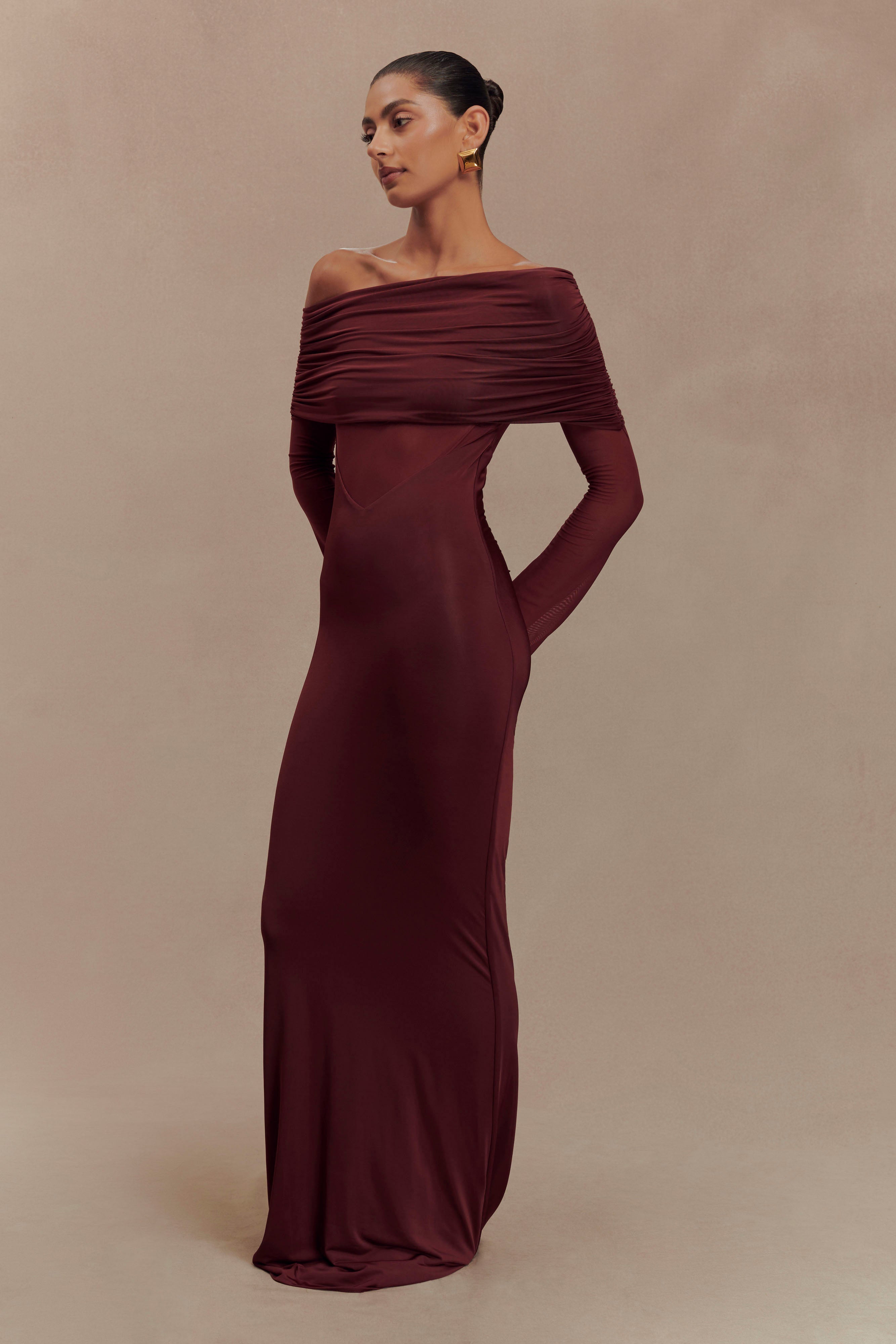Kaitlin One Shoulder Slinky And Mesh Maxi Dress - Burgundy、mySite、solidvoid