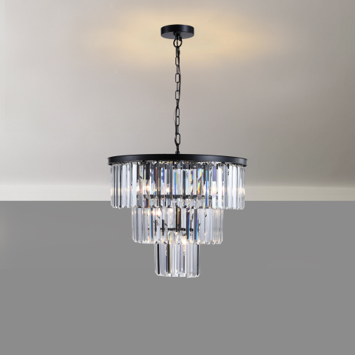 (NEW SKU:W1340P189315) 20" Modern Crystal Chandelier with Black Finish – Elegant 7-Light Pendant Light with 3 Tier Crystal Strands for Dining Room, Living Room, or Bedroom (Bulb Not Included)、、eastwooduniform