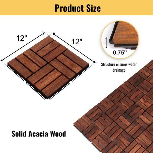 Acacia Wood Interlocking Deck Tiles Checker Pattern, 30 PCS 12" x 12" Square Acacia Hardwood Outdoor Flooring for Patio, Bancony, Pool Side,...、、eastwooduniform