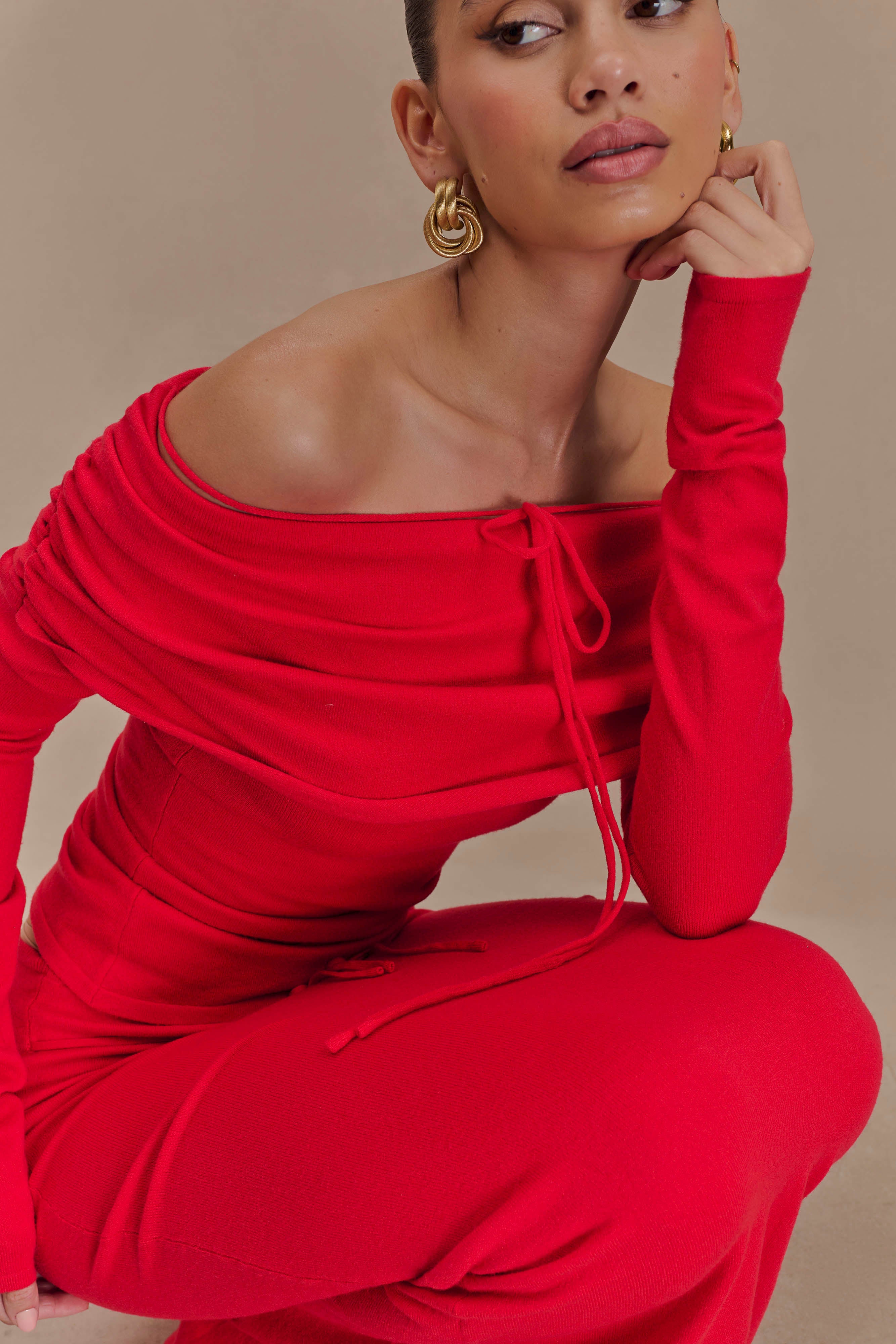 Polly Off Shoulder Long Sleeve Knit Top - Red、mySite、solidvoid