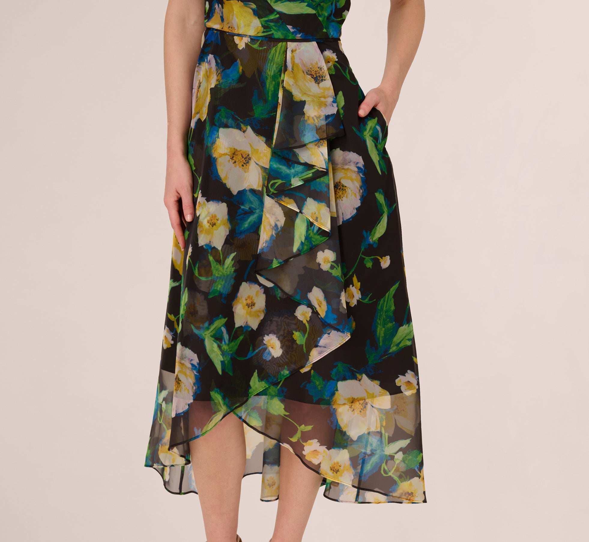 One Shoulder Floral Chiffon High Low Midi Dress In Black Yellow Multi、mySite、solidvoid