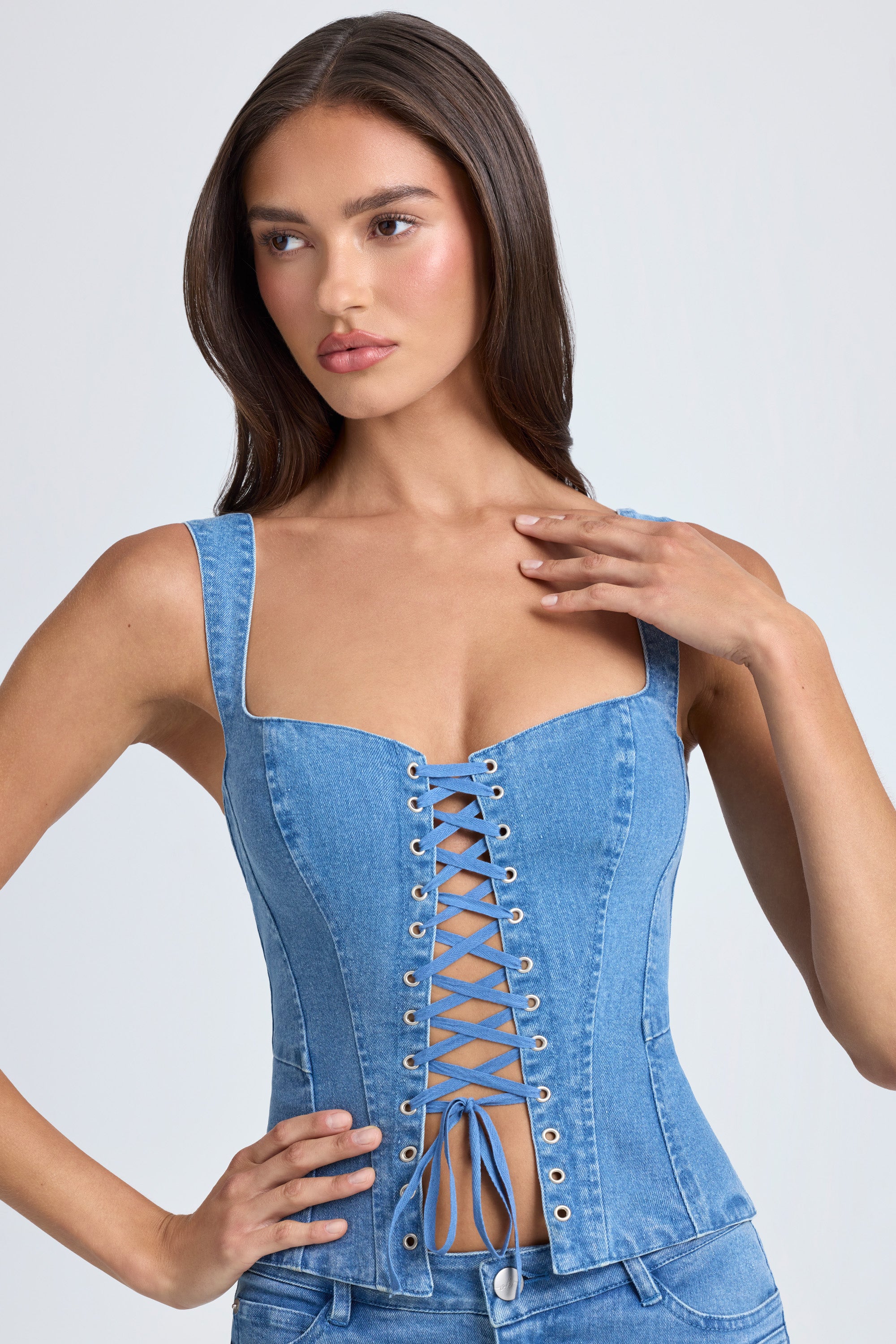 Lace-Up Corset Top in Mid Blue Stonewash、mySite、solidvoid
