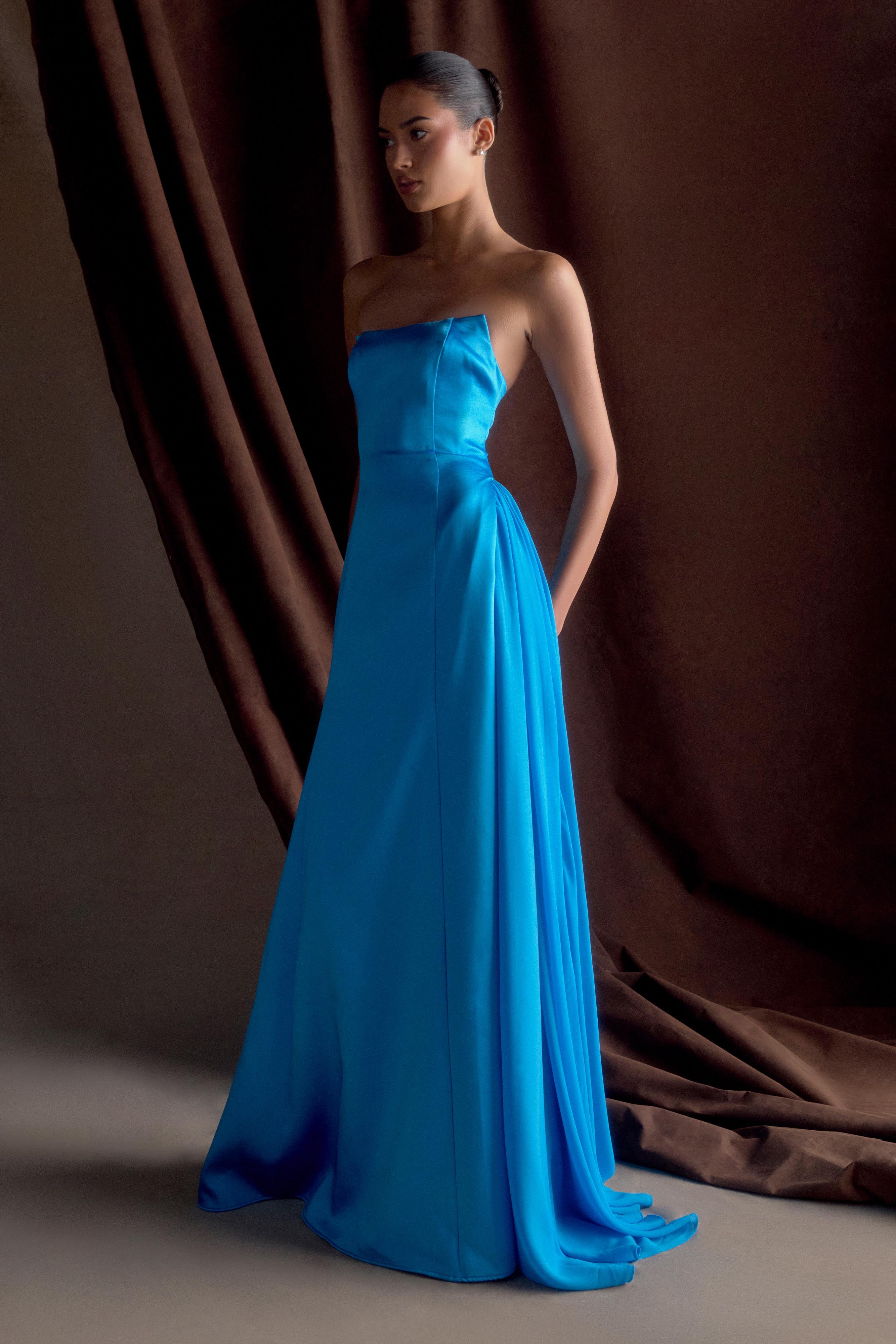 Rosella Satin Strapless Maxi Dress - Cyan Blue、mySite、solidvoid