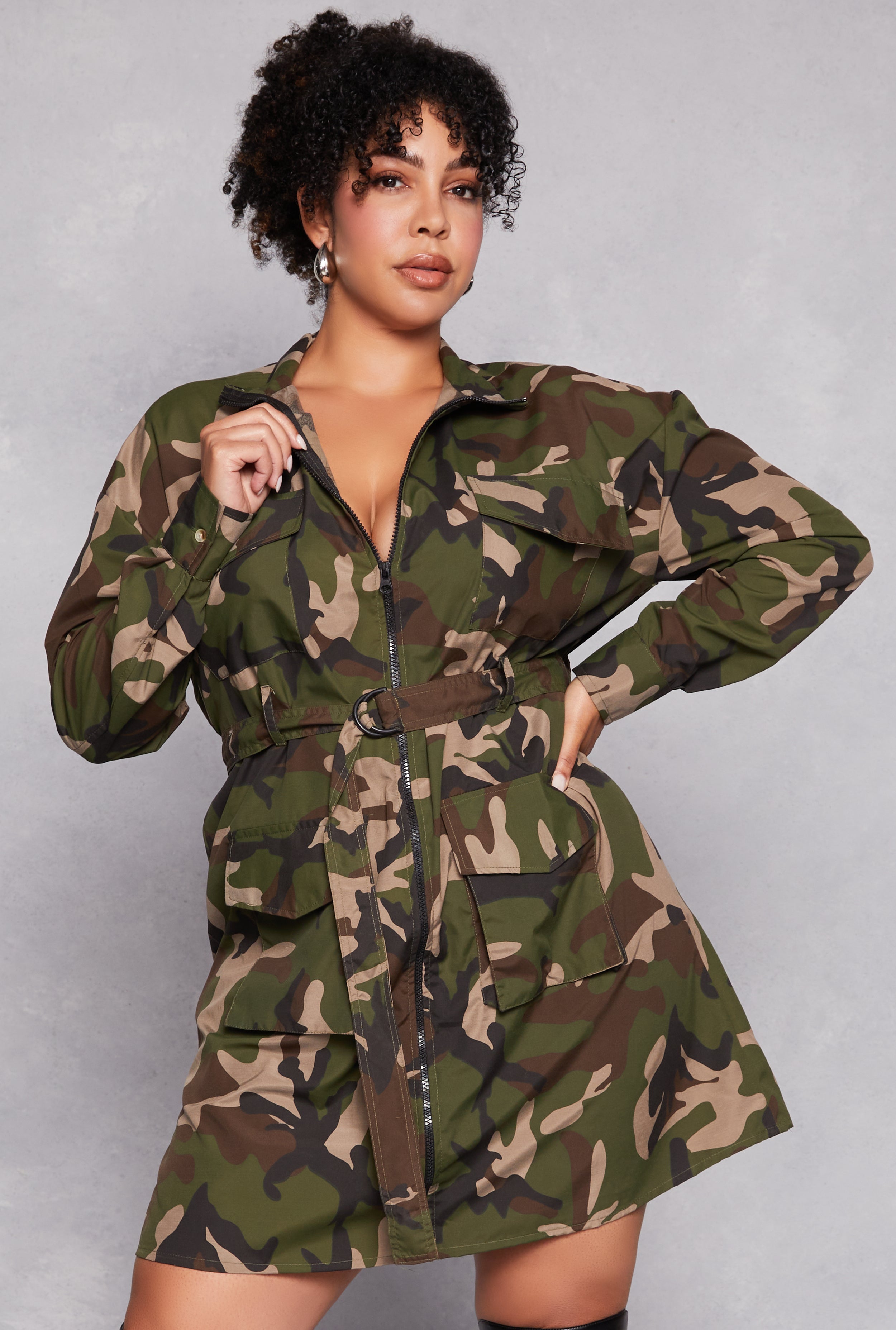 Plus Size Camo Cargo Tie Waist Belted Dress、mySite、camillekostekn