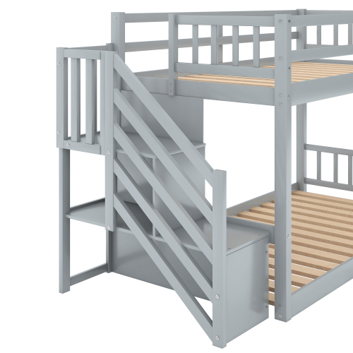 Twin over Twin Floor Bunk Bed, Ladder with Storage, Gray、、casual