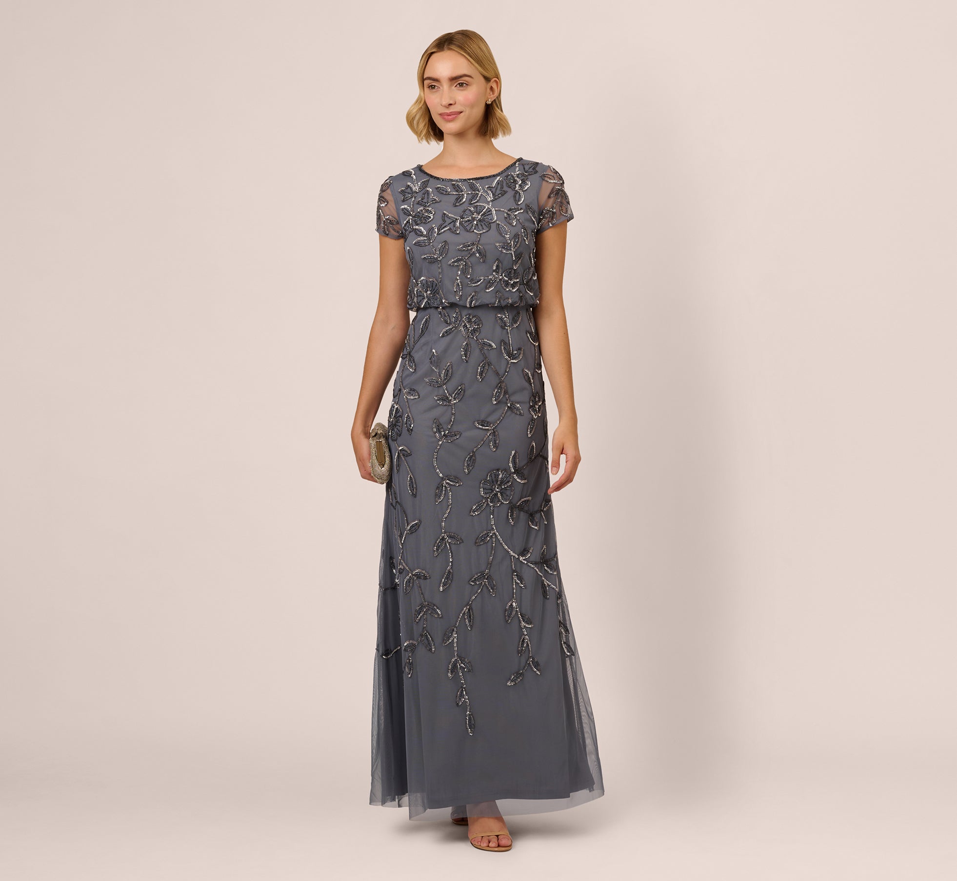 Jasmine Beaded Blouson Gown With Sheer Short Sleeves In Dusty Blue、mySite、solidvoid