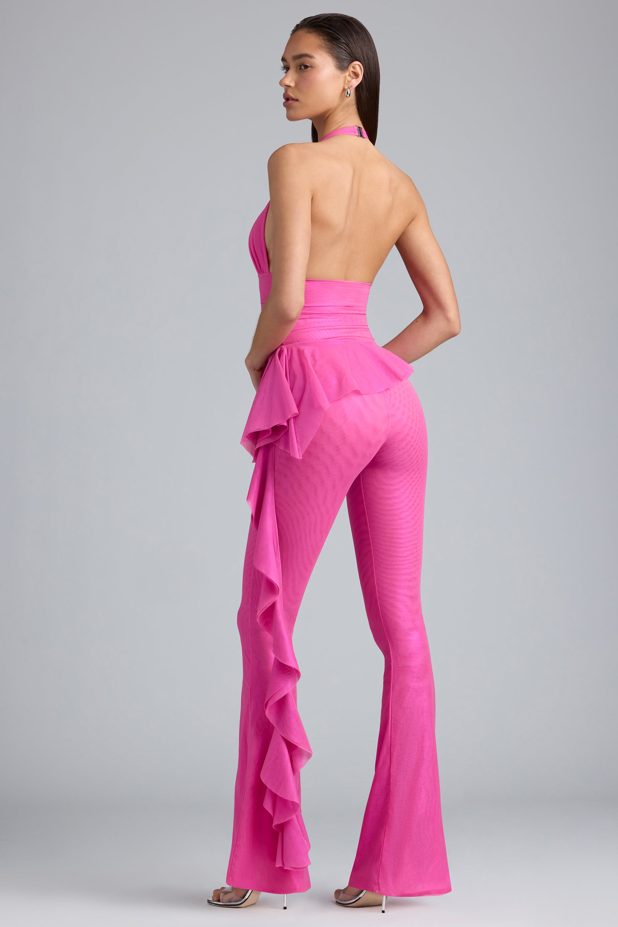 Metallic Ruffle Low-Rise Flared Trousers in Bubblegum Pink、mySite、solidvoid