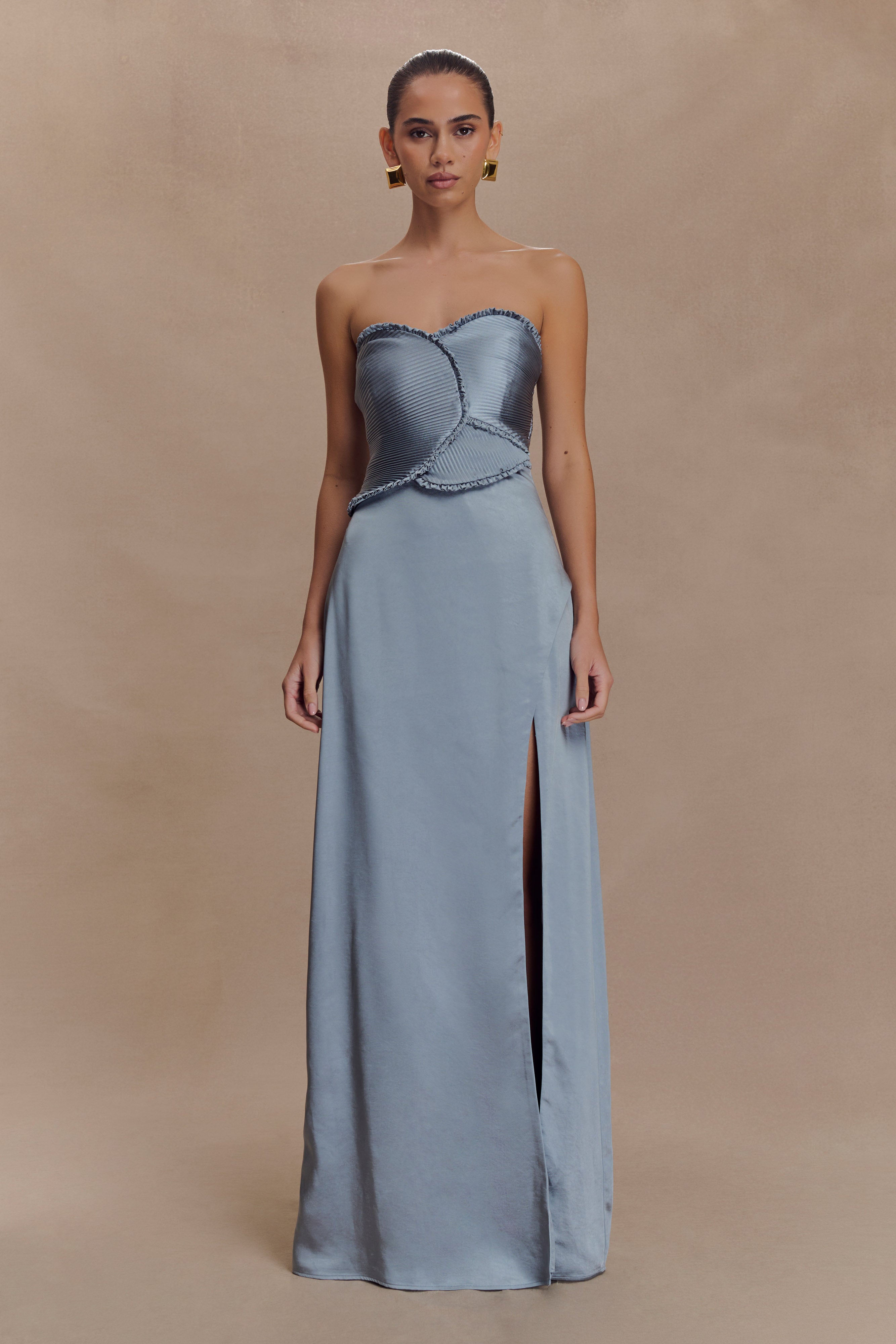 Larissa Satin Maxi Dress With Ruched Petals - Frosted Blue、mySite、solidvoid
