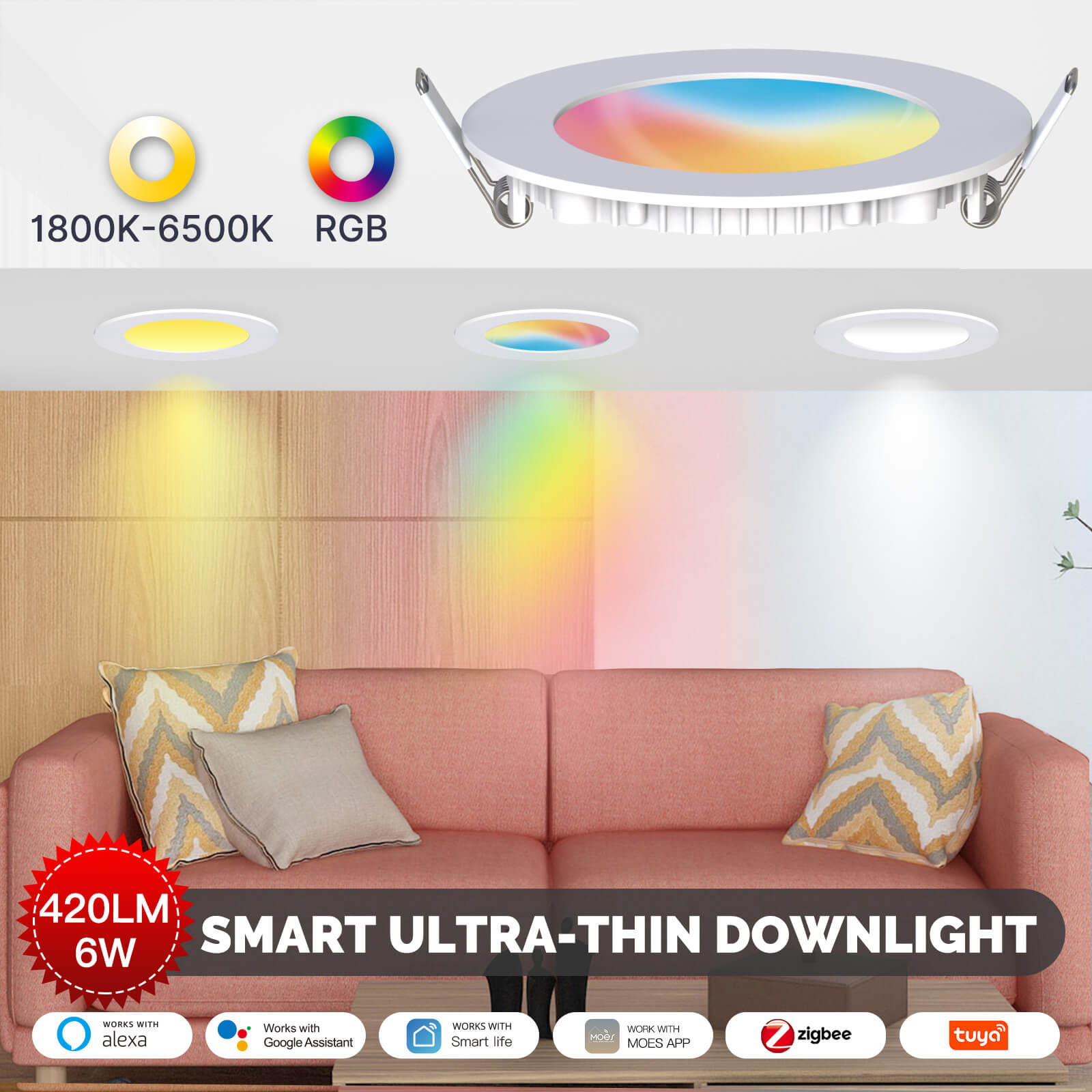 MOES ZigBee Downlight Tuya Dimming Spot lamp 6W RGB Change Warm Cool light、mySite、fannypackpong