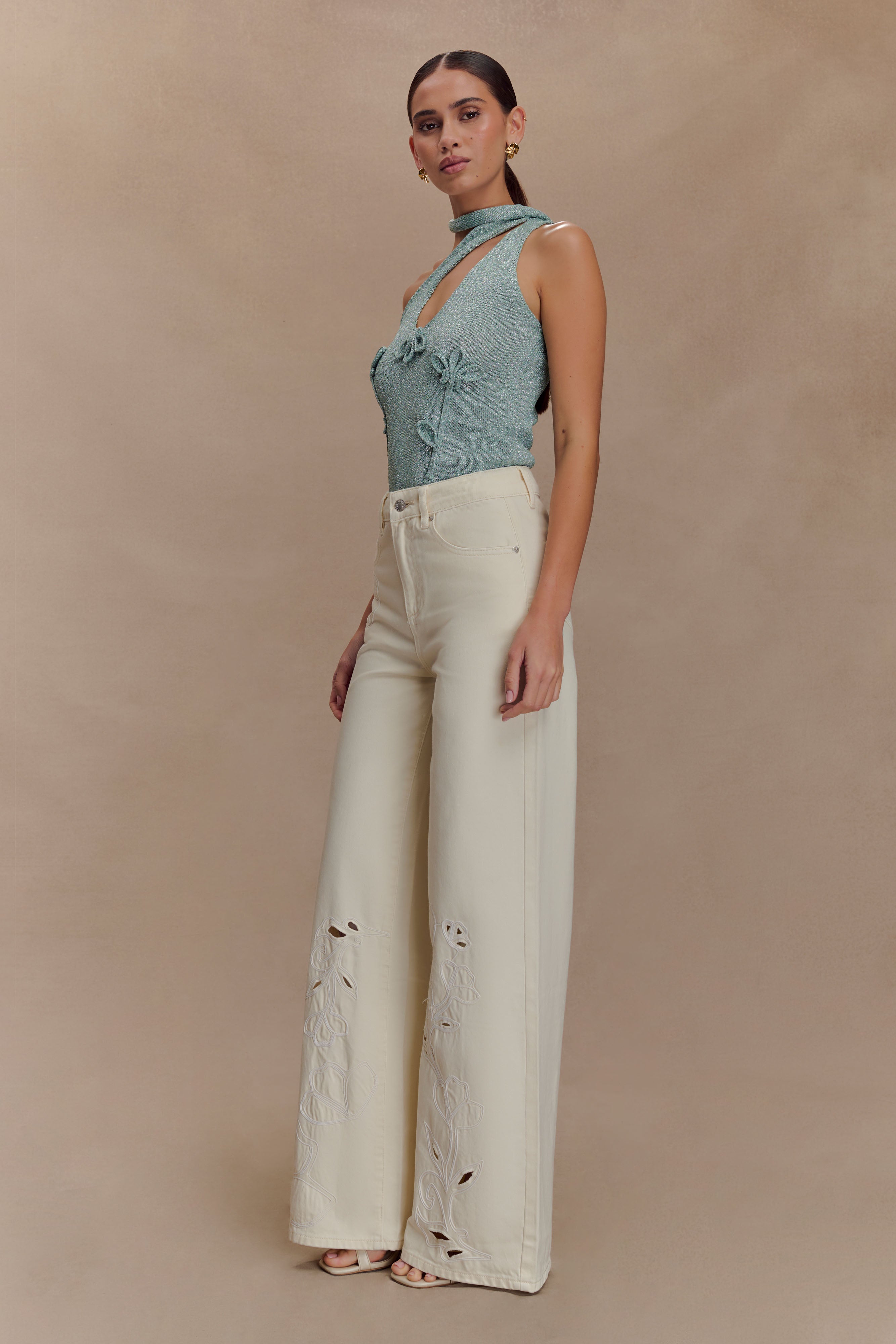 Leone One Shoulder Metallic Knit Top - Aqua、mySite、solidvoid