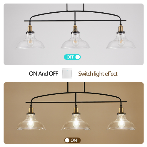 45" Industrial 3-Light Pendant Chandelier with Clear Glass Shades, Black Metal Frame, Adjustable Height, Modern Farmhouse Lighting for Kitchen Island, Dining Room, or Living Room (Bulb Not Included)、、eastwooduniform