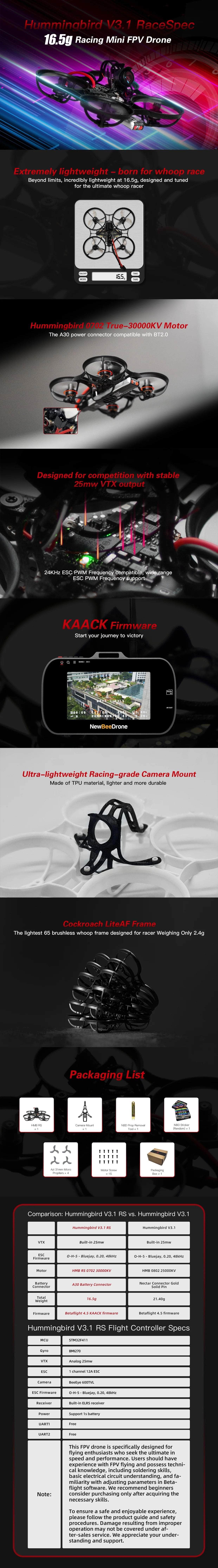 NewBeeDrone Hummingbird V3.1 Racespec BNF - ELRS 2.4