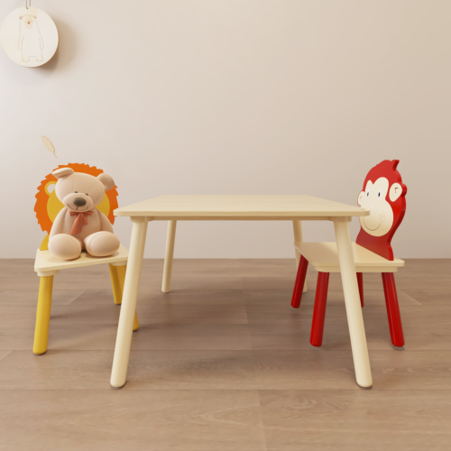 Kids Table and 2 Chairs Set, 3 Pieces Toddler Table and Chair Set, Wooden Activity Play Table Set (Lion&Monkey)、、casual