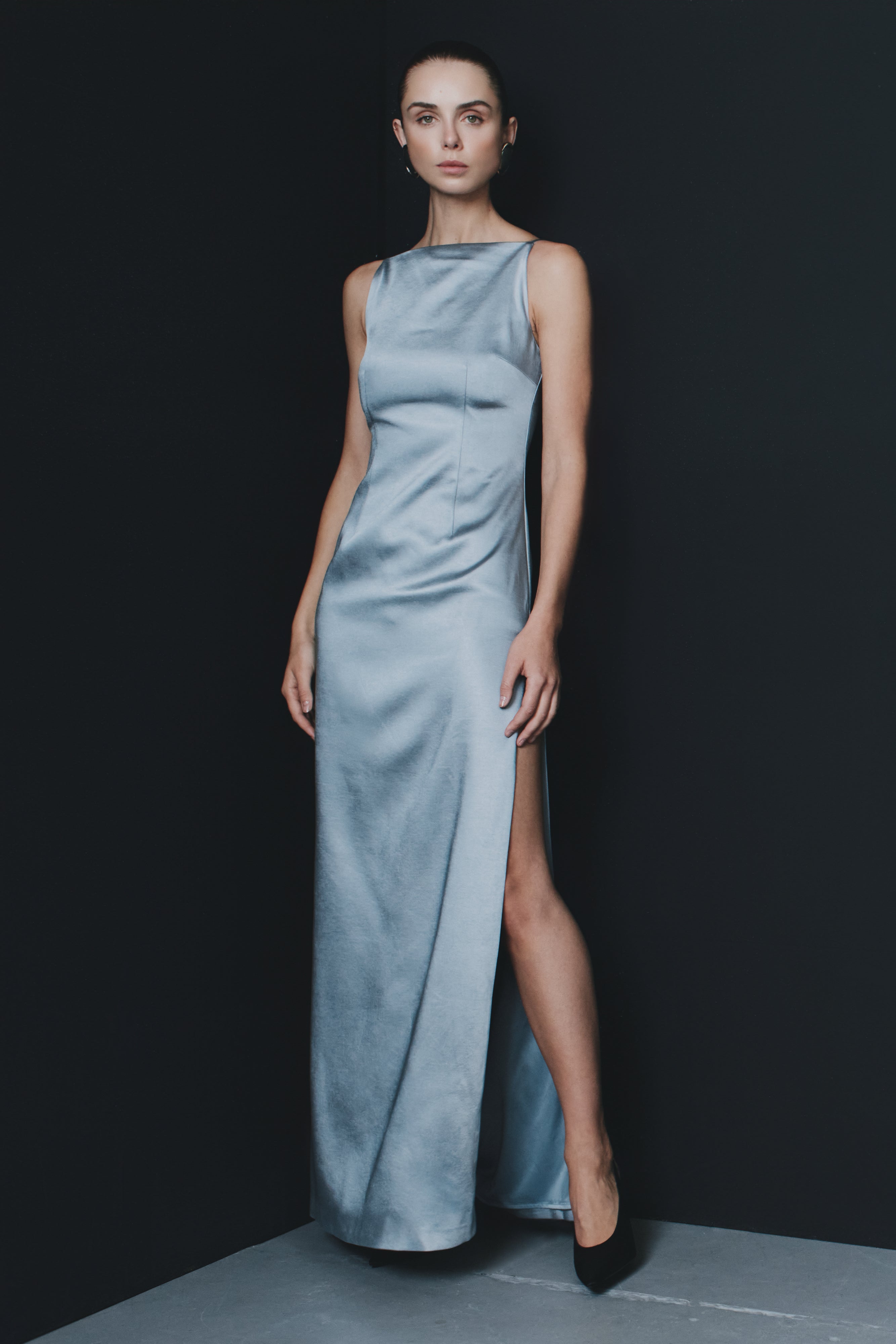 Violet Sleeveless Satin Maxi Dress - Frosted Blue、mySite、solidvoid