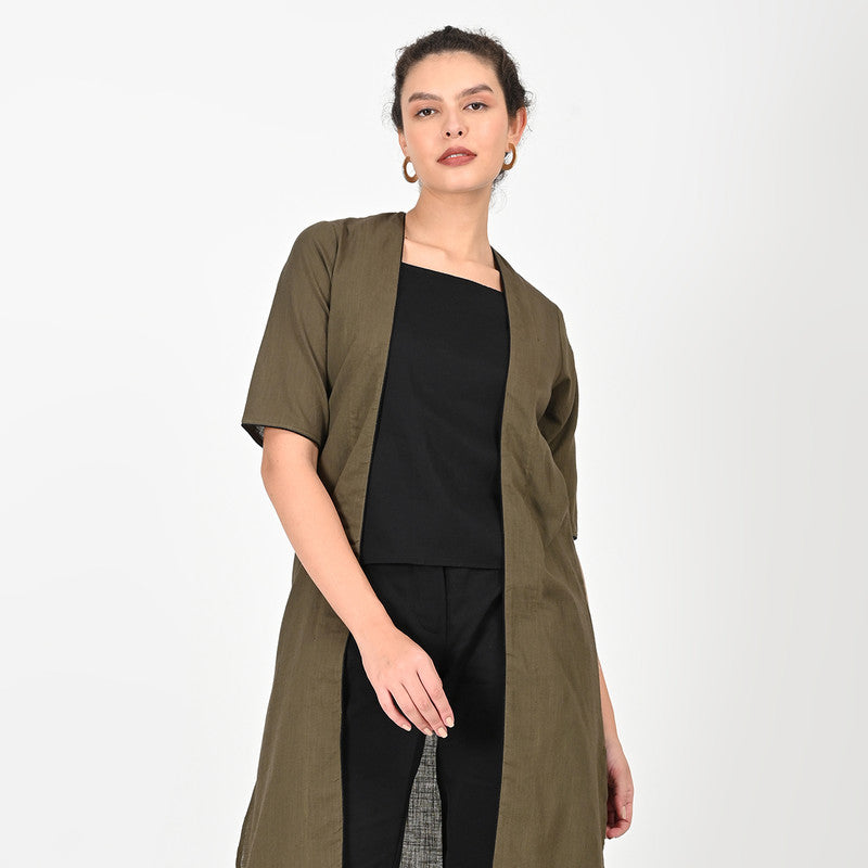 Cotton Solid Co Ord Set For Women | Overlay, Top & Trouser | Square Neck | Olive & Black、mySite、camillekostekn